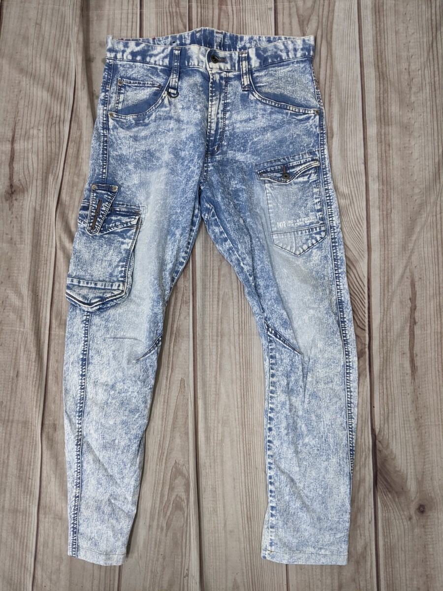 18．アイズフロンティア ♯7412 ケミカルブルー ICE FEEL DENIM ストレッチデニムカーゴパンツ アシッドウォッシュ 作業着W85 ネイビーy606_画像1