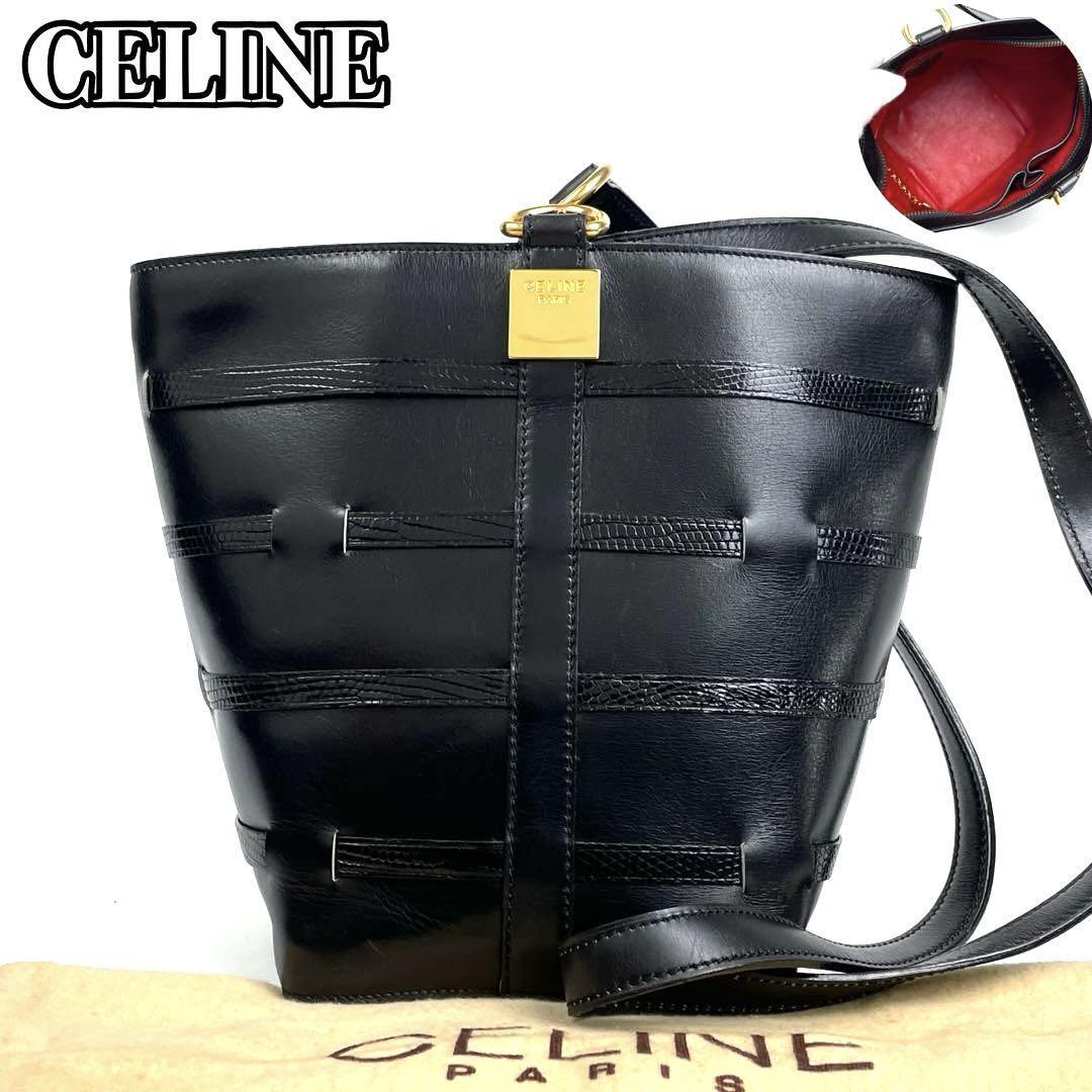 【極美品】CELINE セリーヌ ショルダーバッグ リザード ゴールド金具 ロゴ型押し Cマカダム フォーマル 男女兼用 肩掛け 斜め掛け レザー