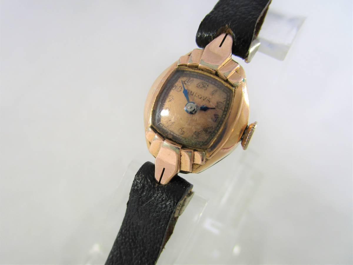1947年製 BULOVA ブローバ アンティーク ビンテージ 手巻き 腕時計 1940年代 アメリカUSA ローズゴールド 女性用 ウォッチ 黒い革ベルト付_画像2