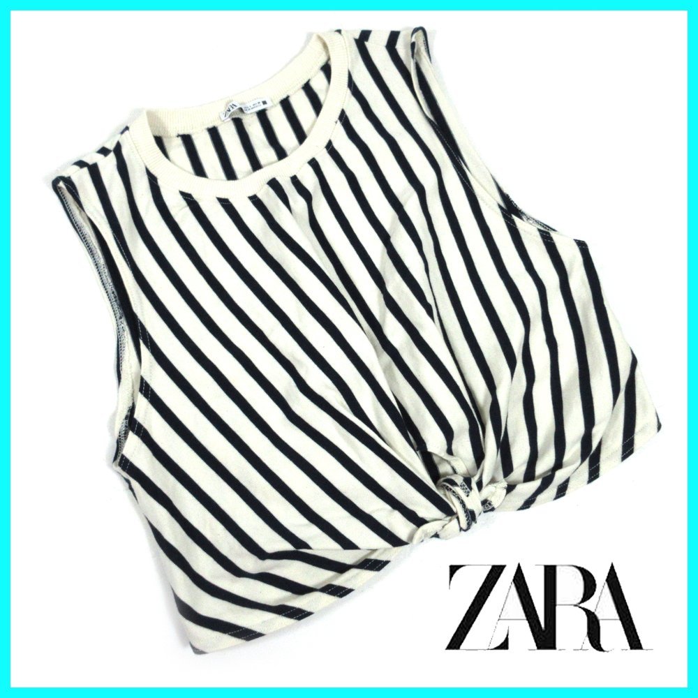 ▽■ZARA(ザラ)●ノットディテール●クロップドトップス●アイボリー×ブラック●ストライプ●ショート丈●Lサイズ_画像1