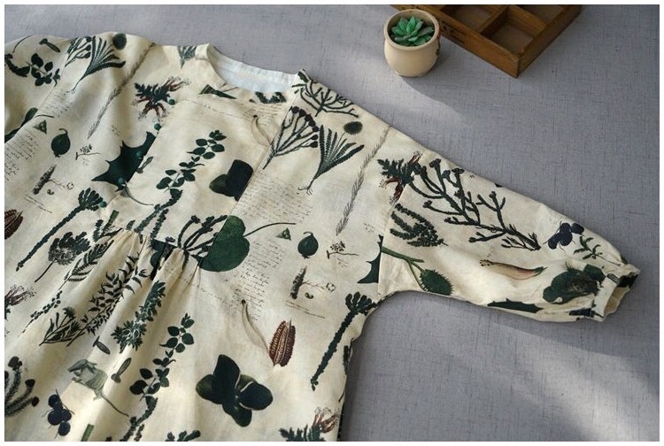 綿麻植物プリントクルミ釦ポケット付きゆったりワンピース♪の画像4