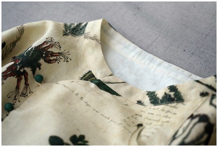 綿麻植物プリントクルミ釦ポケット付きゆったりワンピース♪の画像5