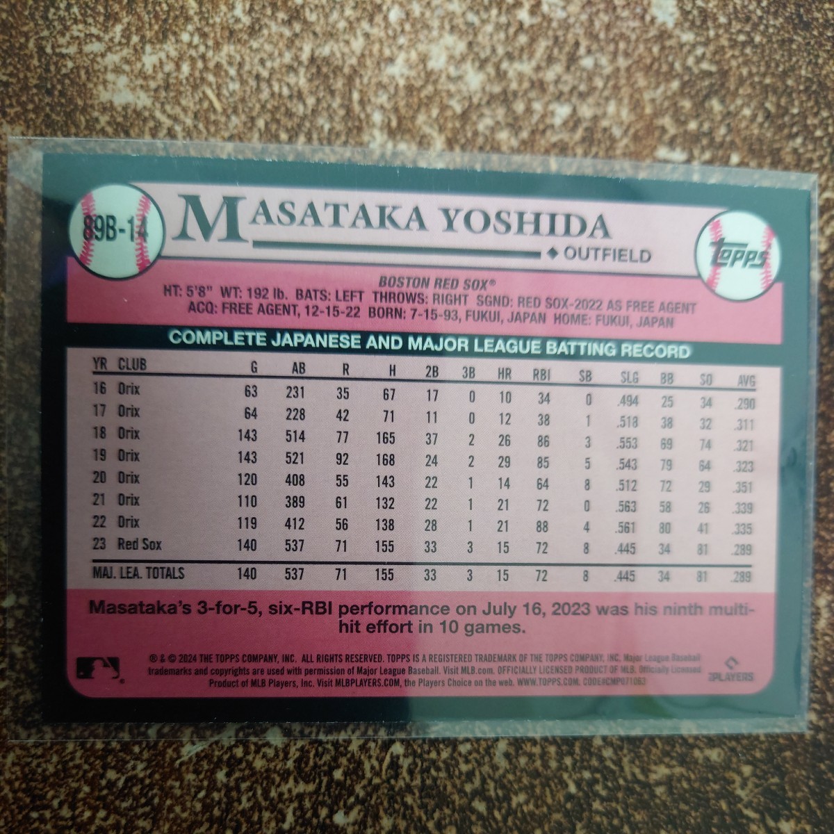 【インサート】MLB 2024 Topps〈吉田正尚 MASATAKA YOSHIDA〉series1 ボストン・レッドソックス_画像2