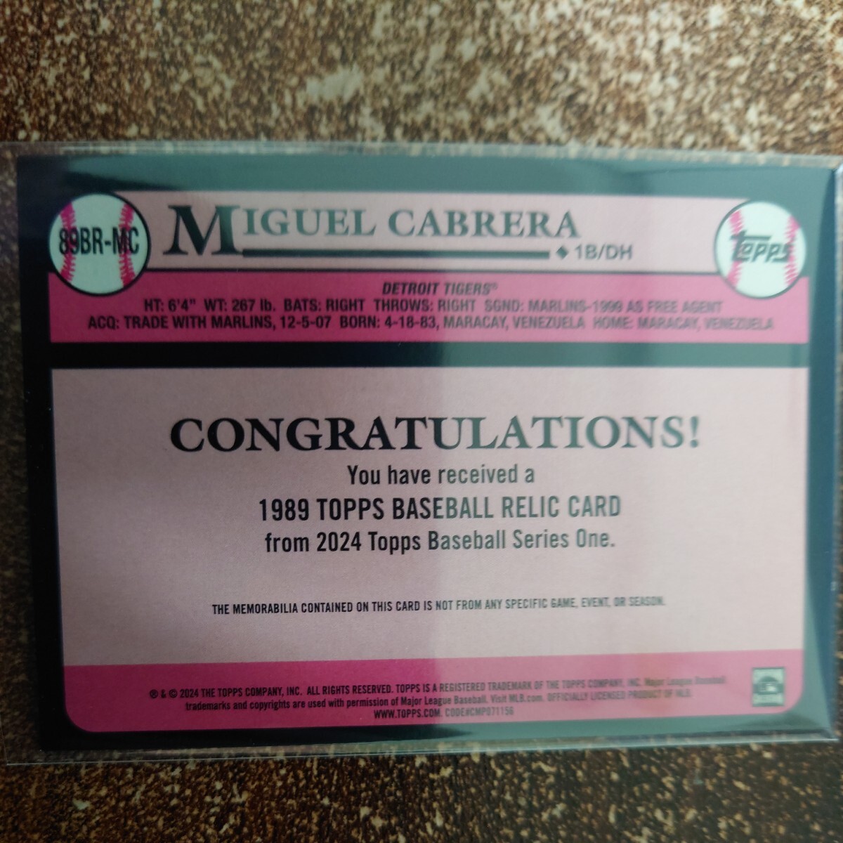 【199枚限定】MLB 2024 Topps〈MIGUEL CABRERA〉RELIC レリック series1 デトロイト・タイガース_画像2