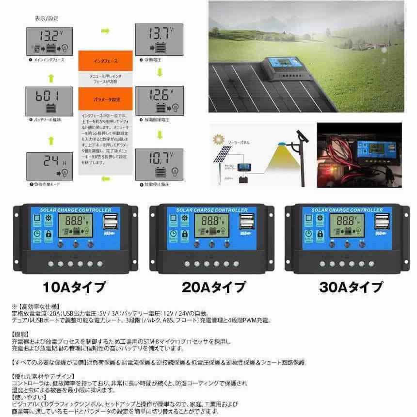 2個セット ソーラーチャージコントローラー 30A 12V/24V LCD 充電コントローラー 電流ディスプレイ 液晶 CHARCON-30_画像4