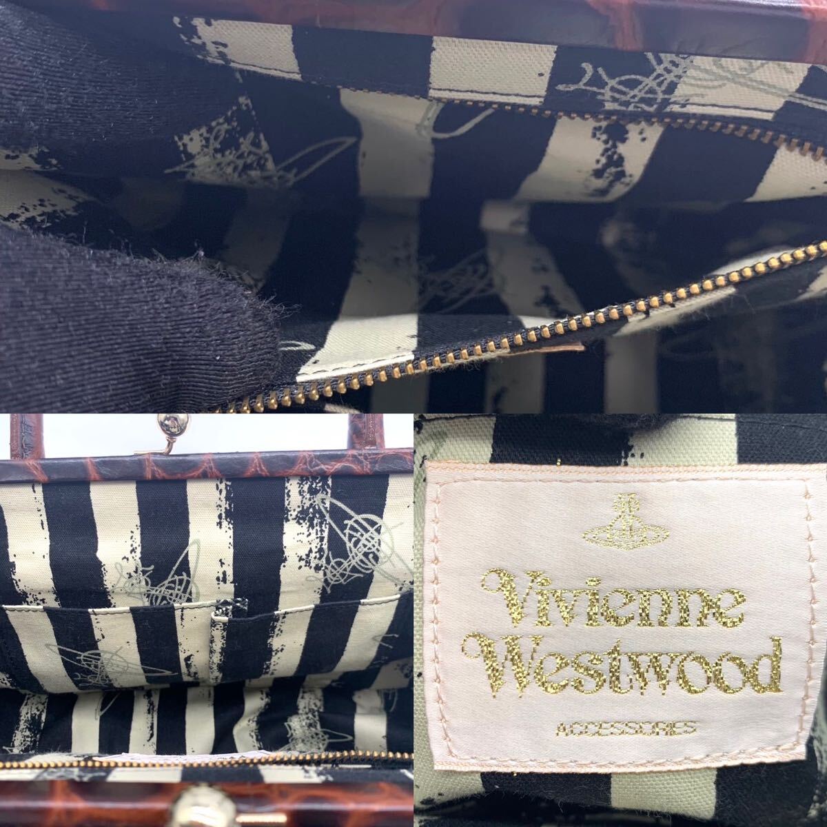 1円●極美品●Vivienne Westwood ヴィヴィアンウエストウッド クロコ型押し がま口 ミニハンドバッグ バニティポーチ レザー レディース_画像9