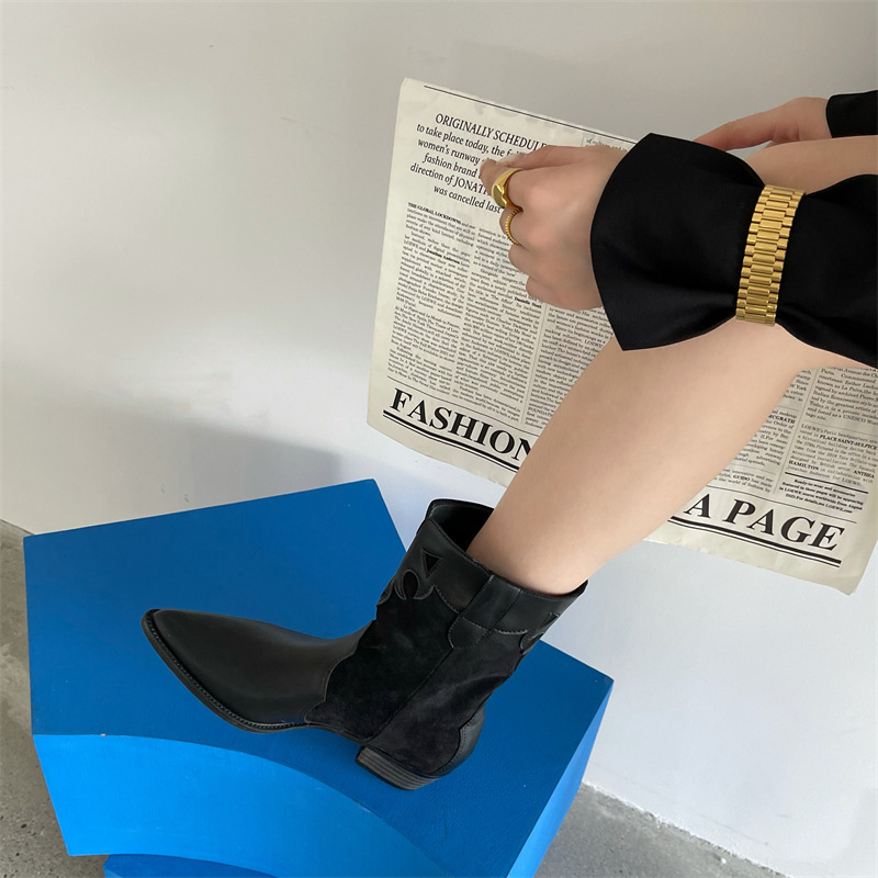 ウエスタンブーツ カントリー レディース　ショート　チェルシー　女性靴　スエード 太ヒール 婦人靴 軽量 歩きやすい　ブラック 24.5cm_画像2