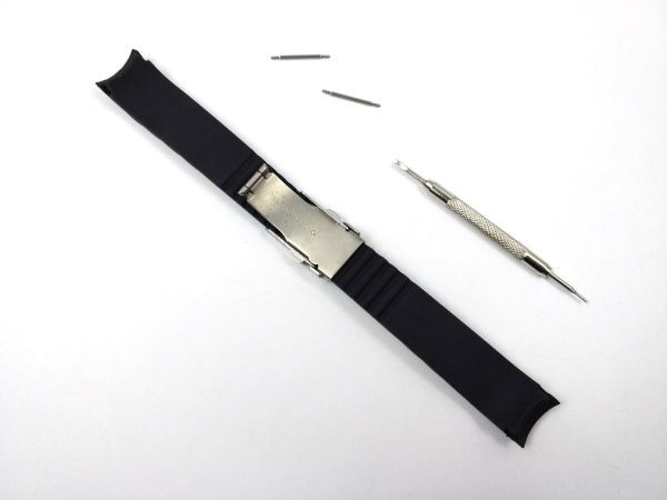 シリコンラバーストラップ 弓カン Wロックバックル 交換用腕時計ベルト キャタピラ2 ブラック 18mm