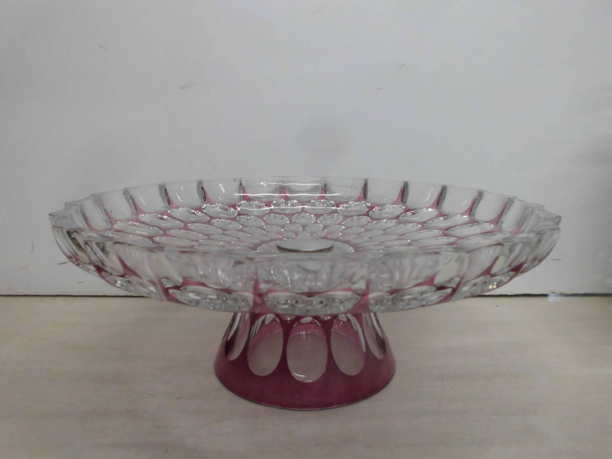 令ろ241木-ガラス製 切り子 脚つきデザート皿 フルーツ皿 直径約27cmの画像1