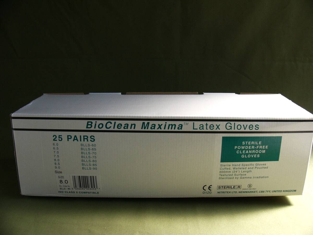 バイオクリーン マキシマ ラテックス グローブ 無菌のパウダーフリークリーンルーム用手袋　25ペア　サイズ8 長さ60ｃｍ　古いものです　2_画像2
