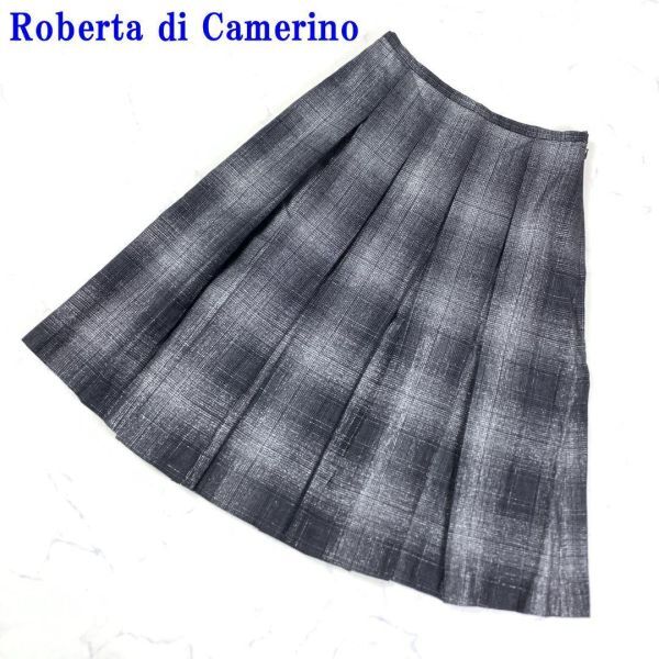 ロベルタ ディ カメリーノチェックプリーツフレアスカートグレー系Roberta di Camerino ひざ下 シルバー糸混 ラメ感 38 C8692_画像1