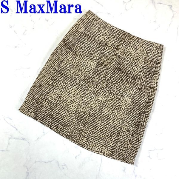 エスマックスマーラ ひざ丈スカート リネン 総柄 ベージュS MaxMara　タイト 38 C8906_画像1