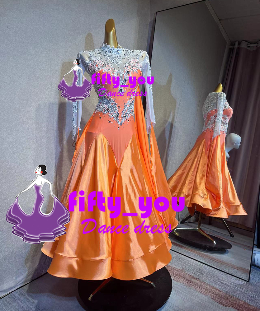 新品fifty_you　セミオーダードレス 　社交ダンス衣装 高級品モダンドレス　スタンダードドレス 　可愛いモチーフ＋石飾り　オレンジ