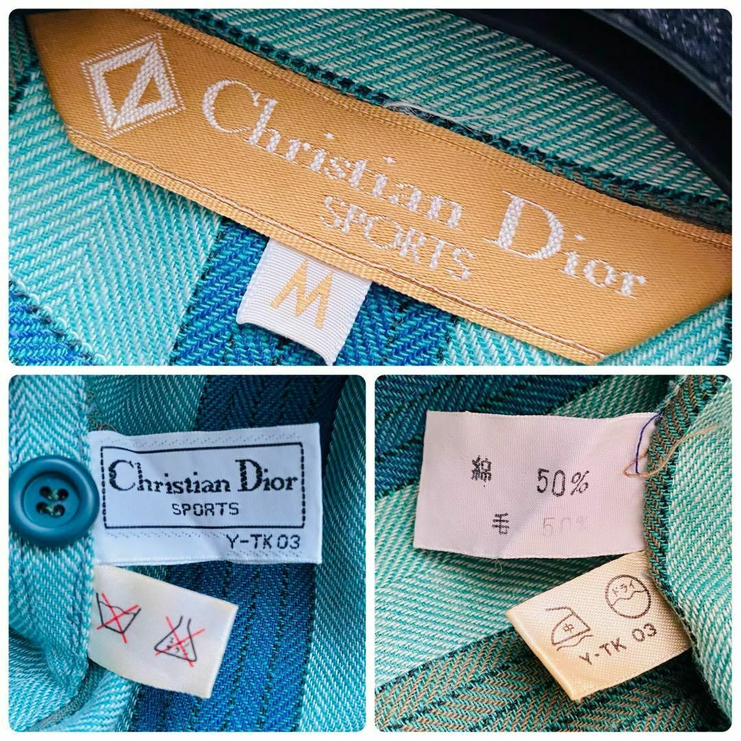 希少デザイン Christian Dior クリスチャンディオール バンドカラー ロゴ刺繍 ストライプ ダブル シャツ コットンウール 長袖_画像9