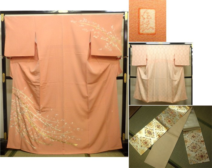 ☆作家物 落款入り 訪問着 長襦袢 袋帯 3点セット 約167cm 金箔草花模様 ガード加工 未着用 正絹☆m143_画像1