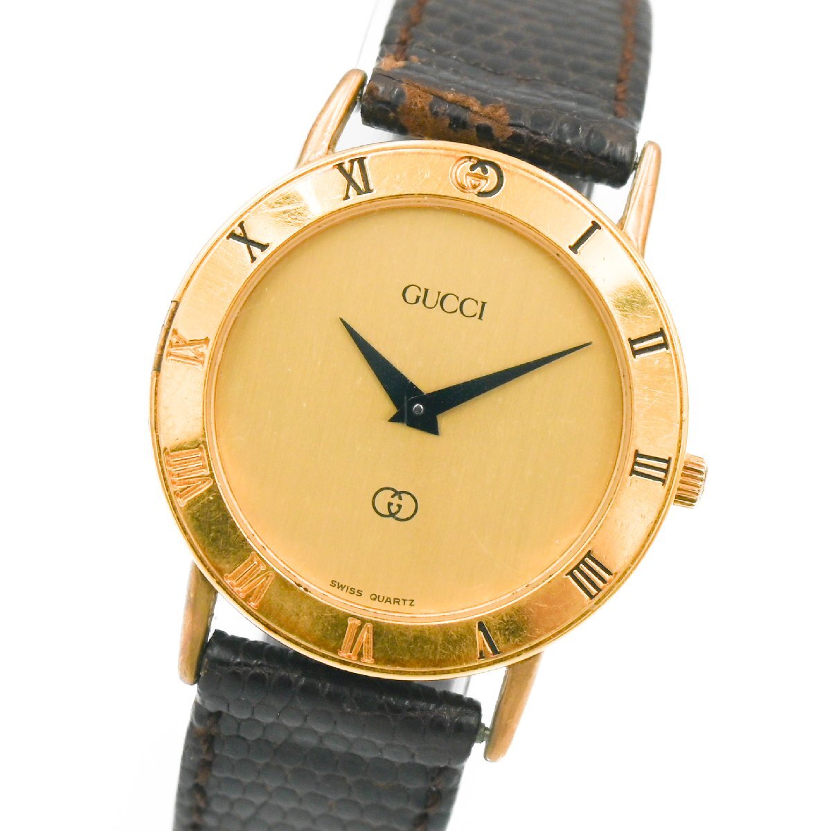 1円 GUCCI グッチ 3000L ゴールド QZ クオーツ シャンパン 金文字盤 GP 腕時計 レディース ラウンド レザーベルト ブランド 1260520240206_画像1