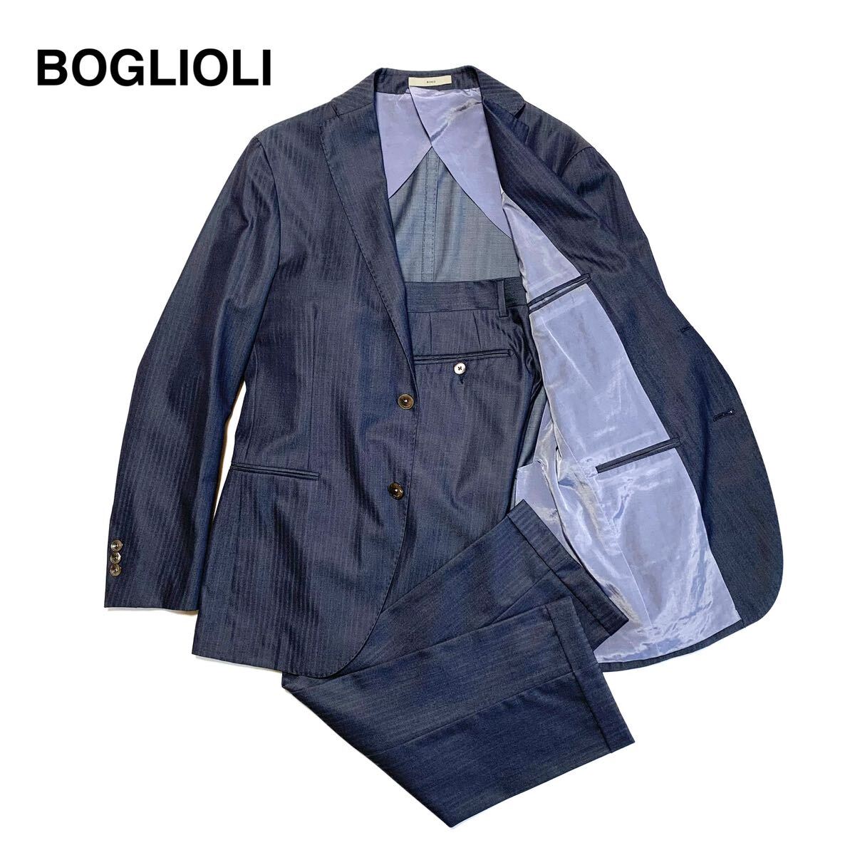 ☆良品 ボリオリ BOGLIOLI シャドーストライプ 3B セットアップ スーツ 濃紺 size 46 イタリア製 ビジネス フォーマル 紳士服