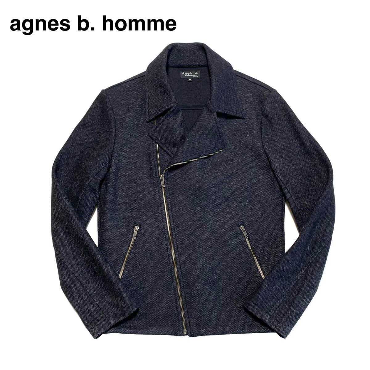 ☆良品 agnes b. homme アニエスベーオム カシミヤ混 ウール ライダース ジャケット 濃紺 日本製 ブルゾン 古着 ヴィンテージ ノームコア