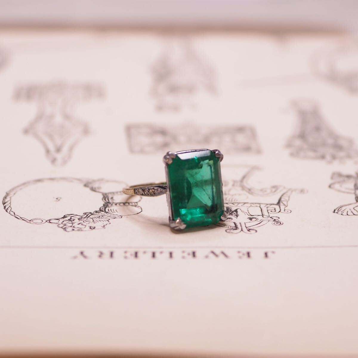 ＊K9エメラルドグリーンジュエルリング＊英国ヴィンテージ イギリス アンティーク 指輪 レトロ ring emerald vintage antique gold (検K18 _画像6