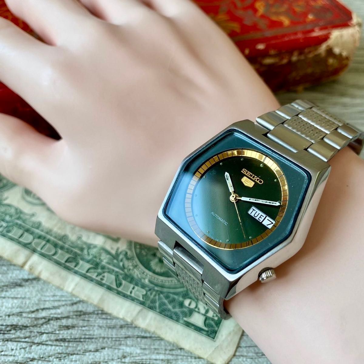 【六角ケース】★送料無料★ セイコー5 SEIKO5 メンズ腕時計 グリーン 自動巻き ヴィンテージ アンティークの画像7