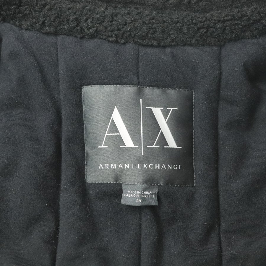 美品 A/X ARMANI EXCHANGE アルマーニ・エクスチェンジ 羊革 レザーエルボーパッチ 襟ボア スウェット ライダースジャケット 黒 S_画像6