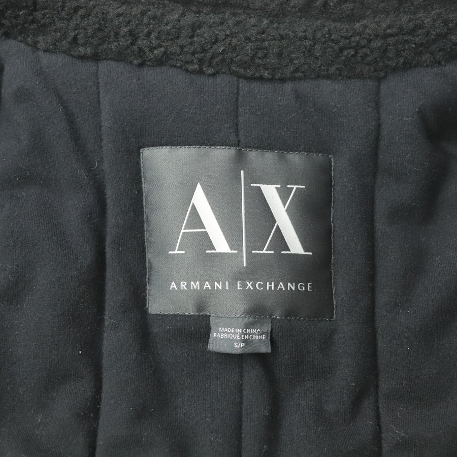 美品 A/X ARMANI EXCHANGE アルマーニ・エクスチェンジ 羊革 レザーエルボーパッチ 襟ボア スウェット ライダースジャケット 黒 S