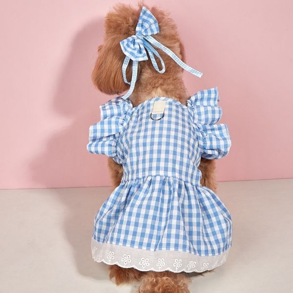 Sサイズ◆【ヘアリボン付き】犬服 キャミソール Dカン付き チェック柄 ワンピース 清楚 上品 フリル 新品 ドッグウェア 新作 ペット用品_画像8