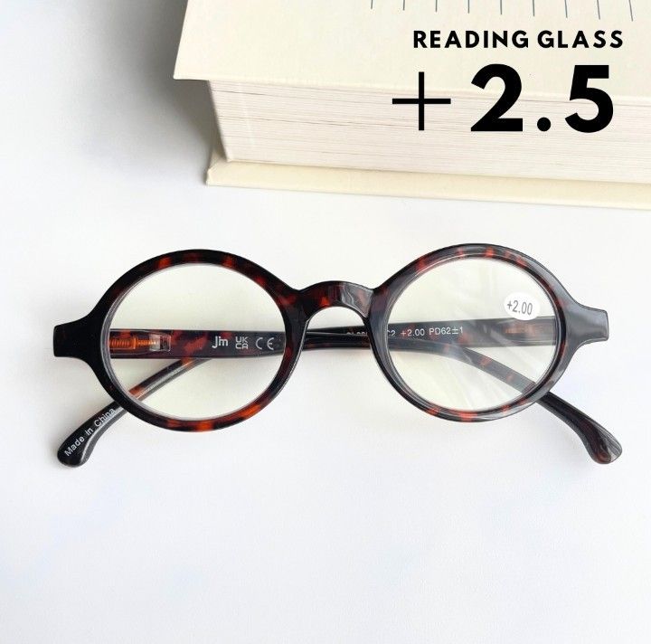 老眼鏡 ＋2.5 リーディンググラス べっこう柄 丸眼鏡 丸 ラウンド セルフレーム デミ バネ蝶番