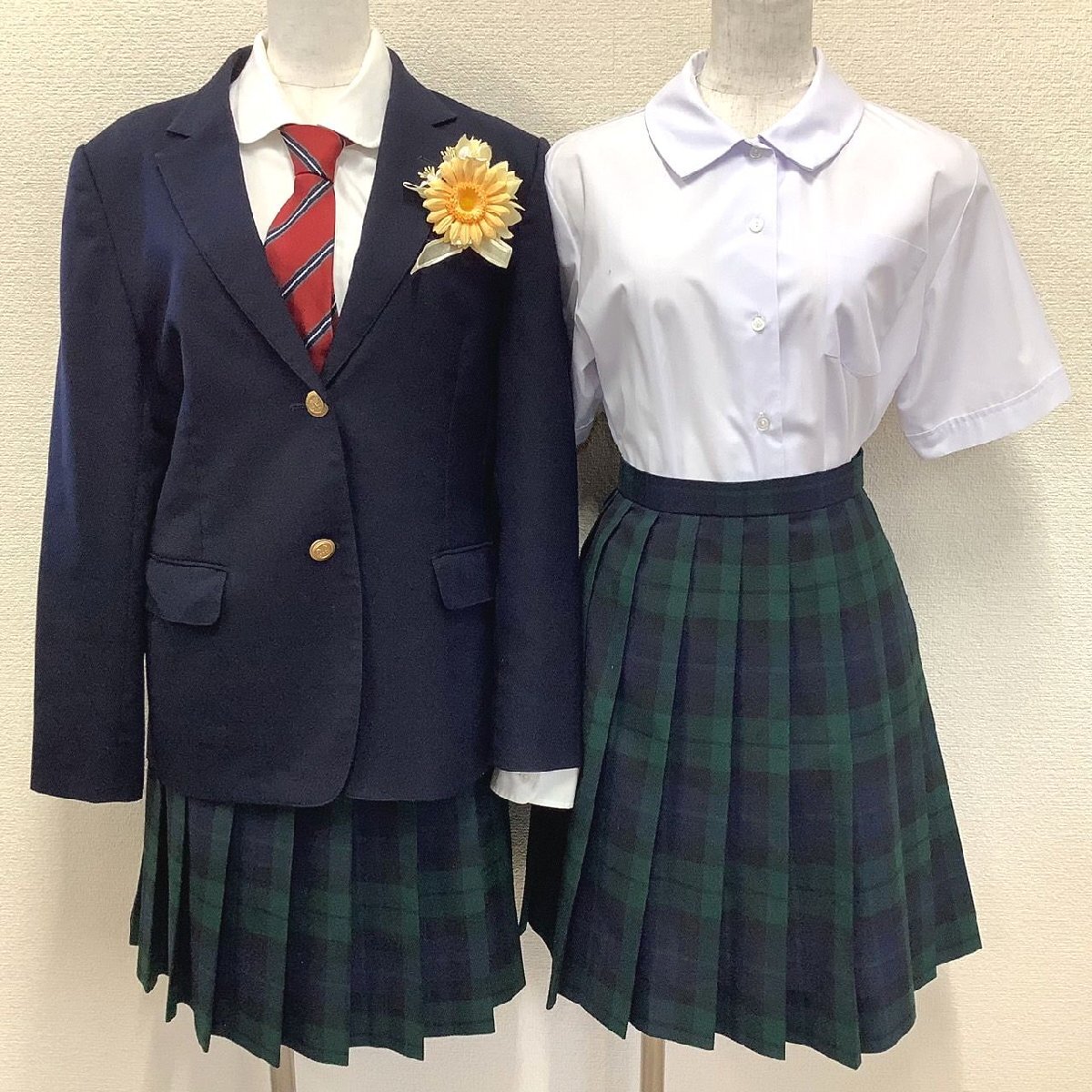 I473/Y(中古)福島県 安達東高校 女子制服6点 /閉校/統合/L/W72/丈54/丈48/ブレザー/スカート/ネクタイ/紺/緑/チェック/TOMBOW/学生服