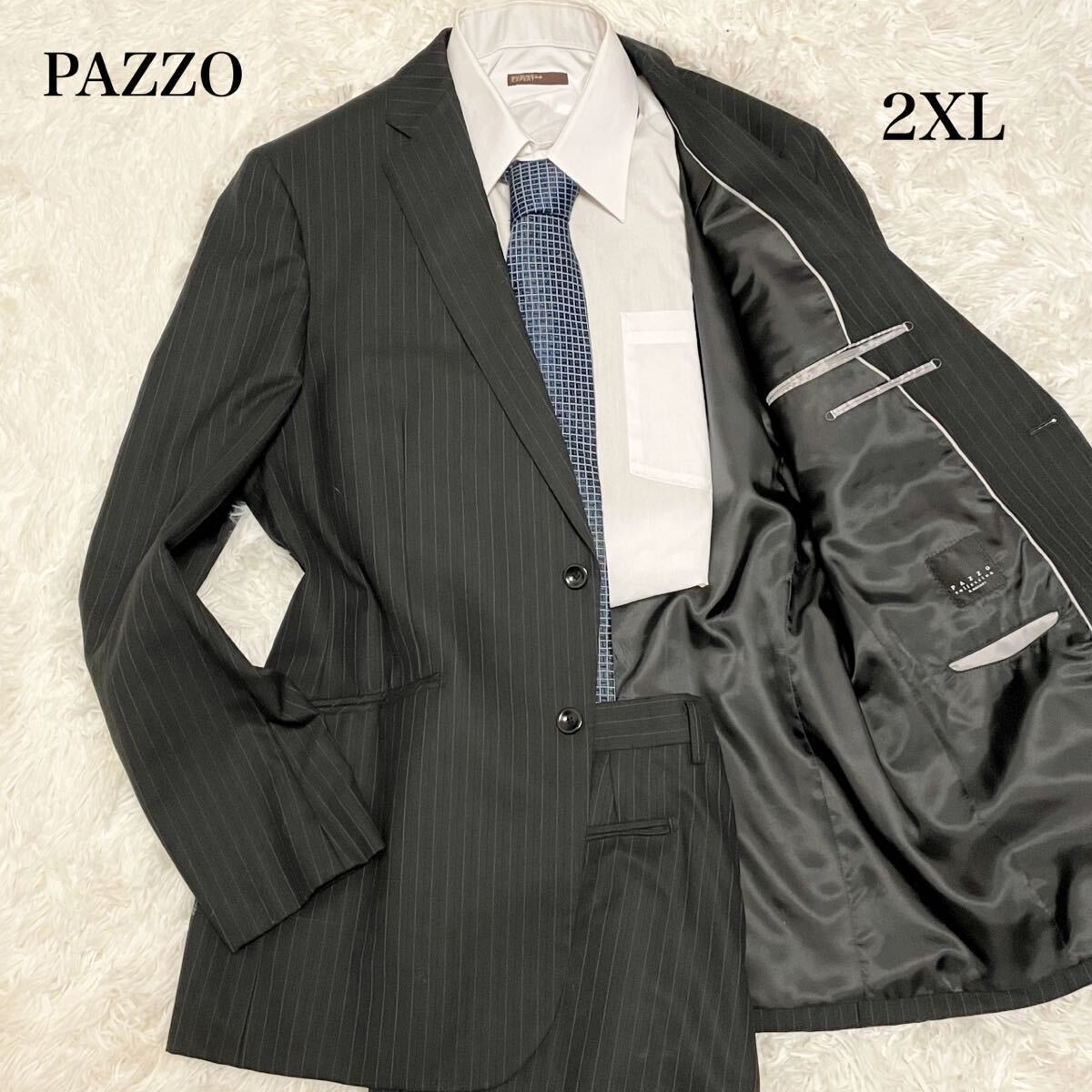 1スタ 激レア PAZZO COLLECTION パッゾ コレクション セットアップスーツ ブラック ストライプ 2XL XXL 大きいサイズ メンズ ビジネス 2B _画像1
