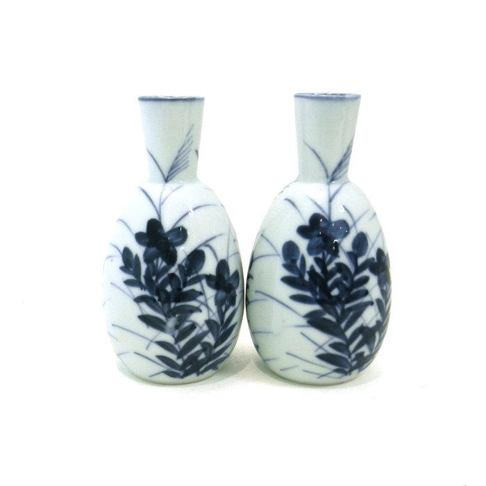 【骨董品】清水焼 酒器セット (銚子×2 お猪口×5) 平安草泉造 秋草模様 徳利 陶磁器 陶器 共箱 送料880円_画像2