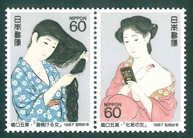 切手趣味週間　1987　髪梳ける女・化粧の女　記念切手　60円切手×2枚_画像1