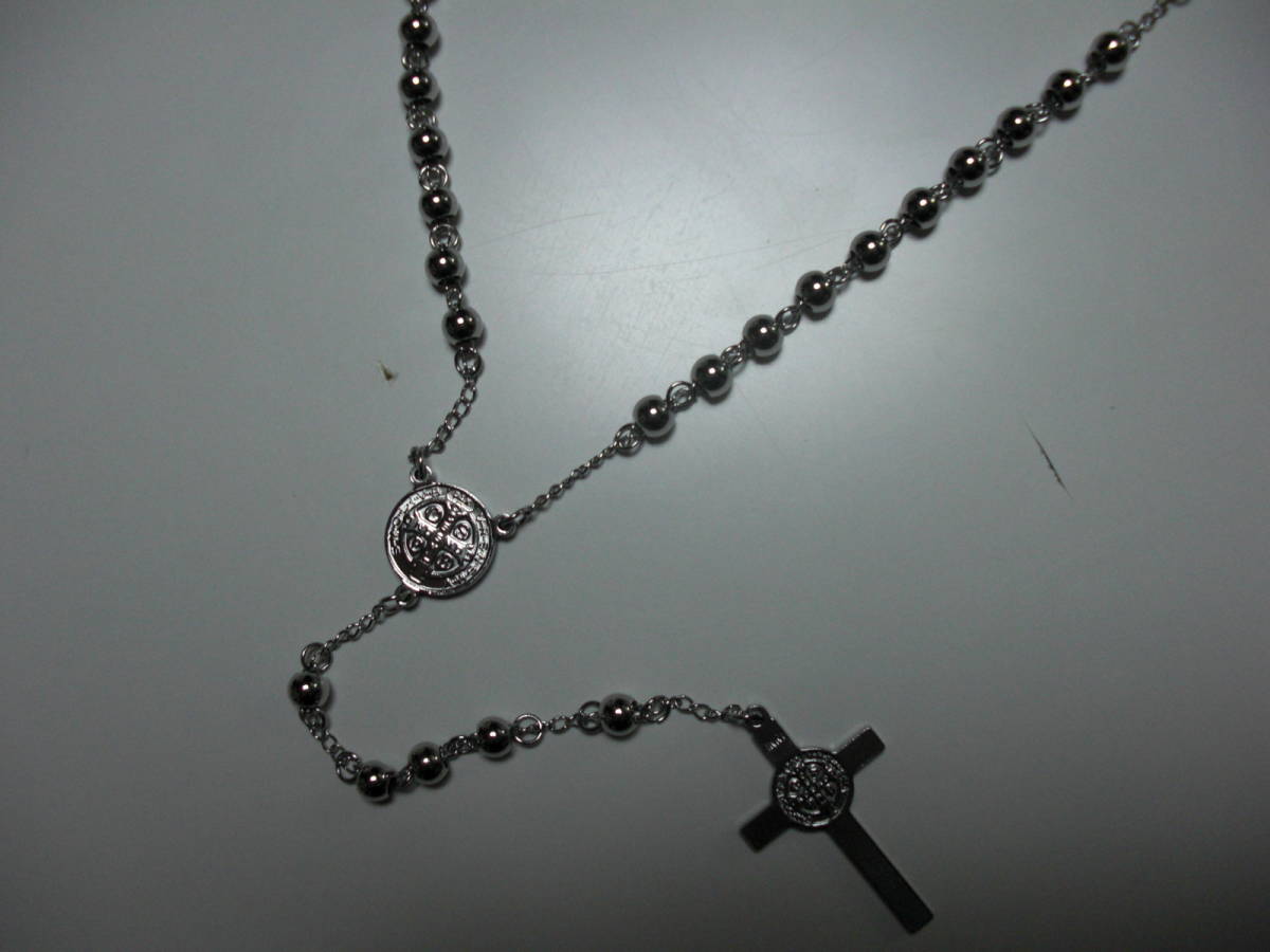  Rosario * Mali a sama * necklace * 10 character .( silver )* -ply thickness 49g*6mm beads stainless steel steel * Cross *chi car no* Lowrider * sending Y230