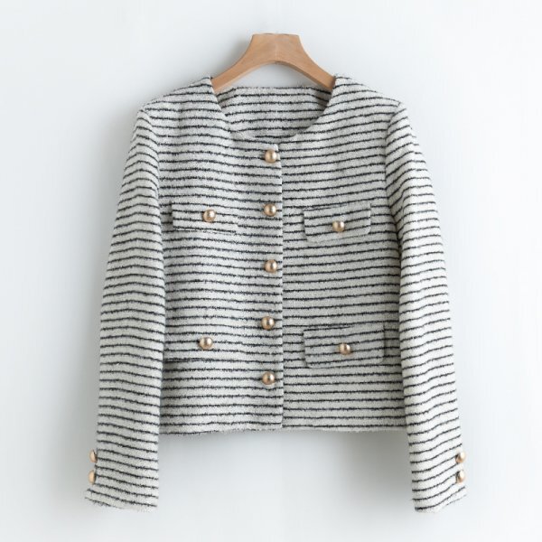 新品新作レディース銀糸ツイードコートノーカラーラインジャケット白ーM