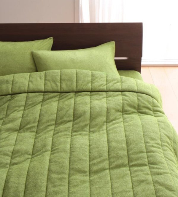 タオル地 タオルケット と ベッド用ボックスシーツ のセット クイーンサイズ 色-モスグリーン/綿100%パイル 洗える