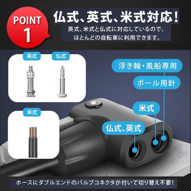 空気入れ 自転車 バイク 仏式 米式 英式 圧力計付き 携帯 旅行 ブラック_画像3