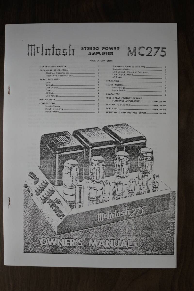Mcintosh MC275 STEREO POWER PREAMPLIFIER  OWNERS MANUALの画像1