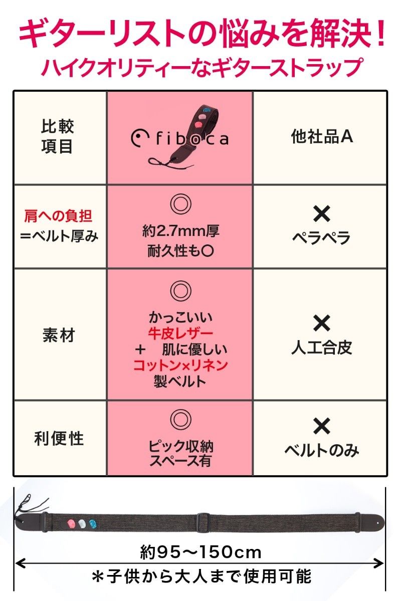 ギターストラップ 牛革 疲れにくい厚手タイプ おしゃれな ピック 収納付き 黒