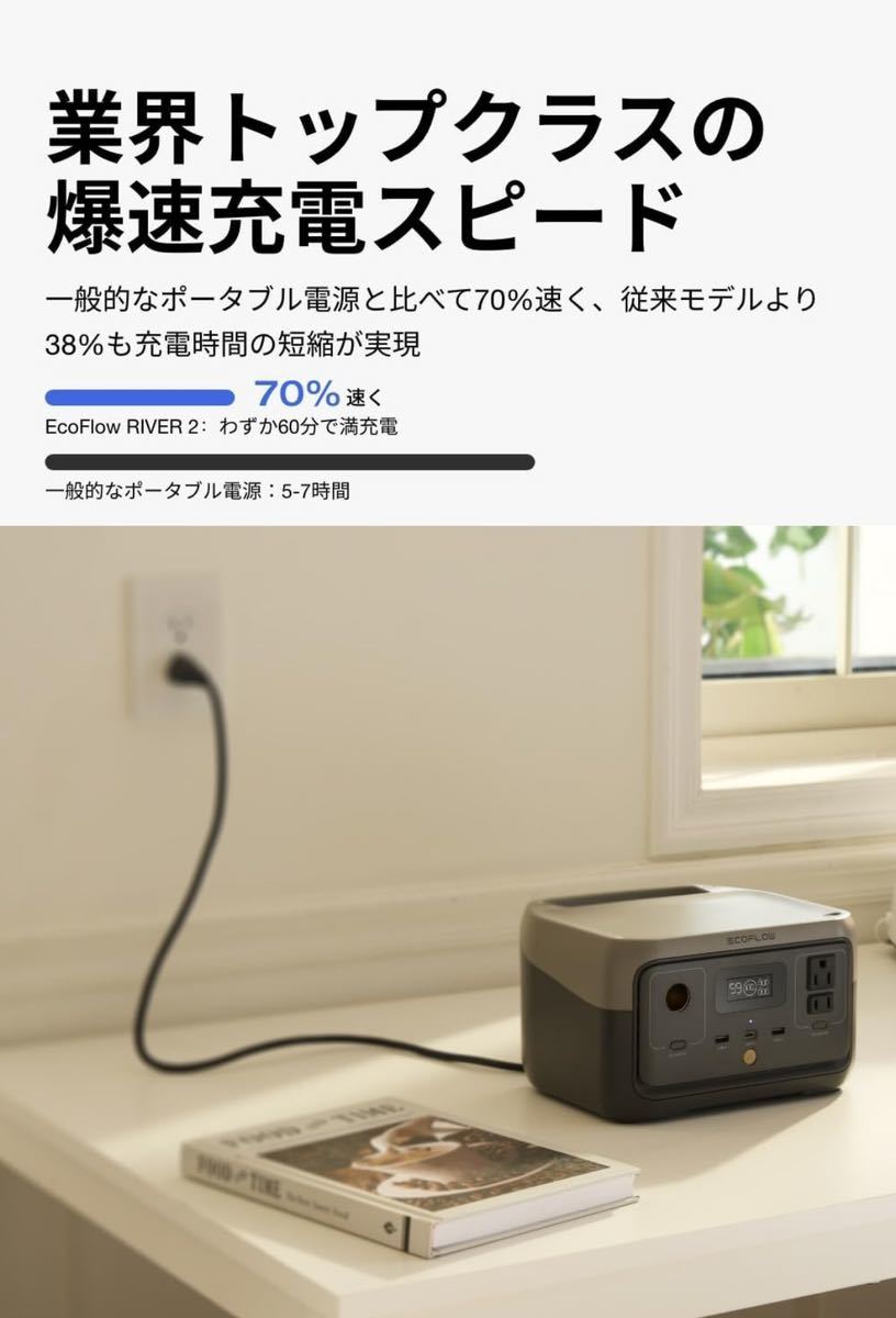 ポータブル電源 RIVER 2 256Wh容量 60分満充電 リン酸鉄リチウムイオン電池 長寿命 高耐久 BMS電池保護 純正弦波 アプリ操作 軽量_画像3