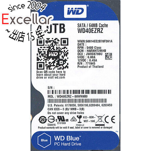 【中古】Western Digital製HDD WD40EZRZ 4TB SATA600 5400 100～200時間以内 [管理:1050020755]