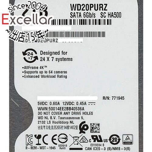 【中古】Western Digital製HDD WD20PURZ 2TB SATA600 5400 0～100時間以内 [管理:1050013049]_画像1