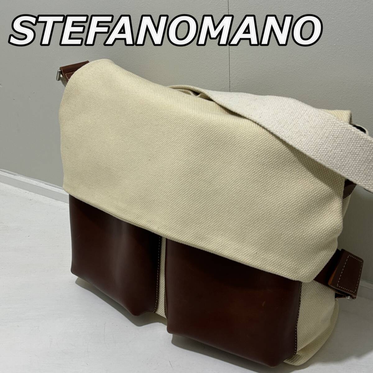 【STEFANOMANO】ステファノマーノ イタリア製 キャンバス 帆布 レザー コンビ ショルダーバッグ 斜め掛け かばん 茶 ベージュ ブラウンの画像1