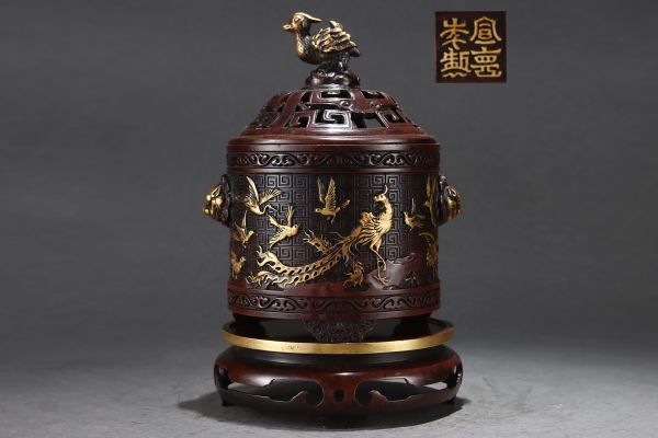 明代 宣徳年製 古銅彫 塗金百鳥朝鳳紋筒式熏炉【仁】古銅器 置物擺件 古賞物 中国古玩 蔵出_画像1