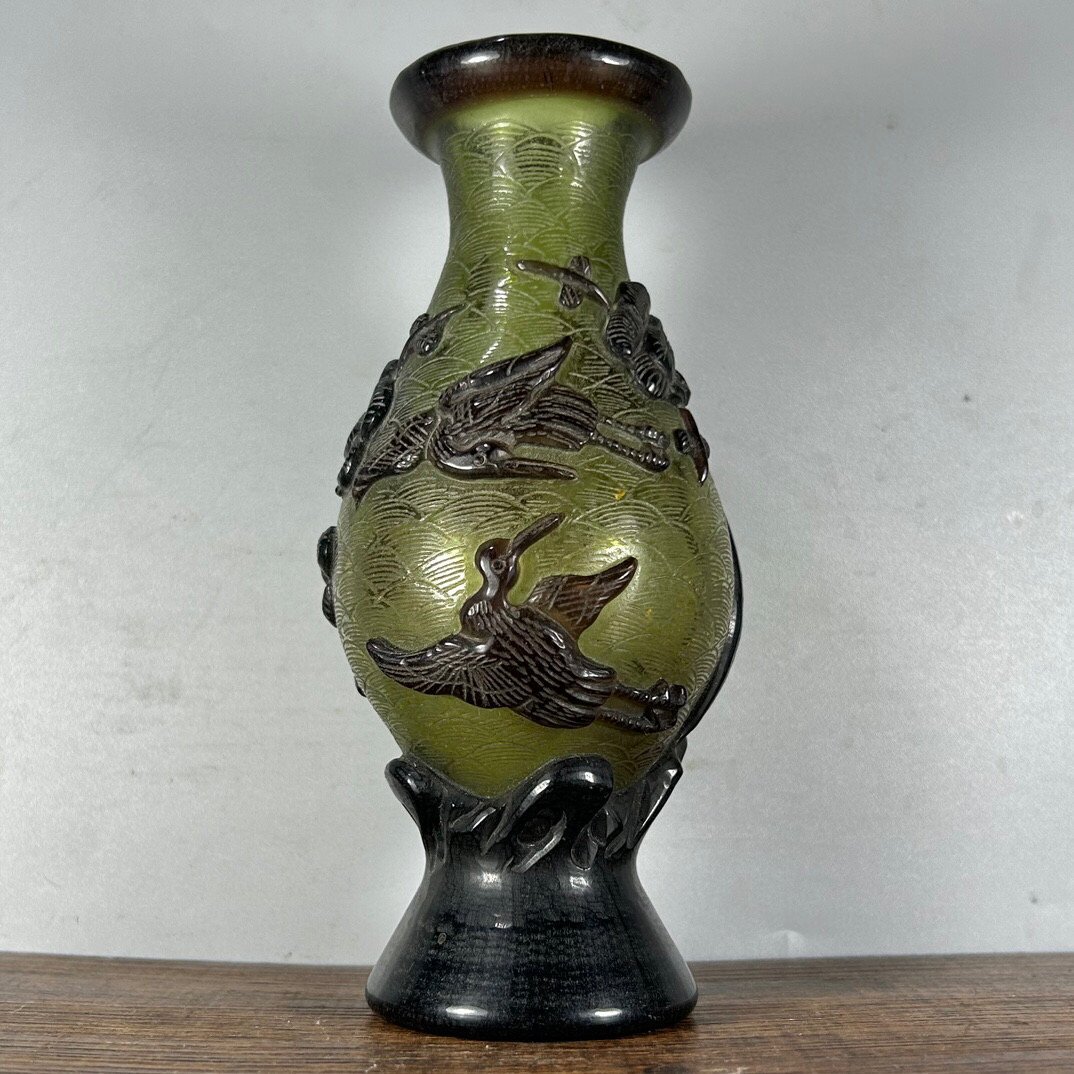 ◆古寳堂◆清 琉璃製 細密彫 仙鶴紋 花瓶 置物 賞物 極細工 古置物 古擺件 中国古美術 時代物 古董品