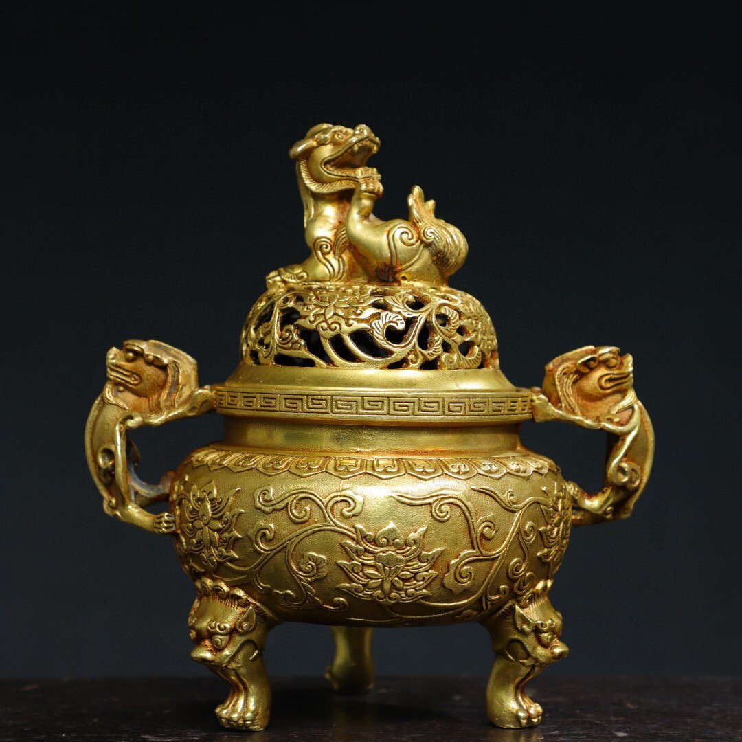 ◆古寳堂◆清 乾隆年製款 銅製 塗金 獅蓋熏香炉 置物 賞物 極細工 古置物 古擺件 中国古美術 時代物 古董品
