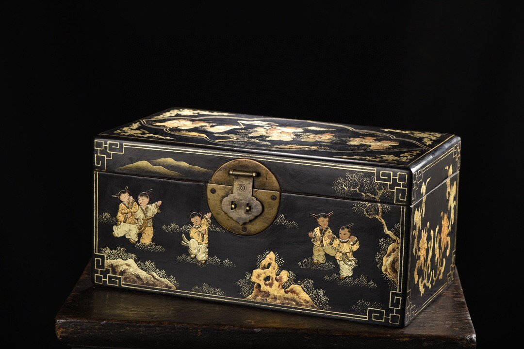 ◆古寳堂◆清 木胎漆器彫 描真金 嬰戲紋 首飾盒 置物 賞物 極細工 古置物 古擺件 中国古美術 時代物 古董品