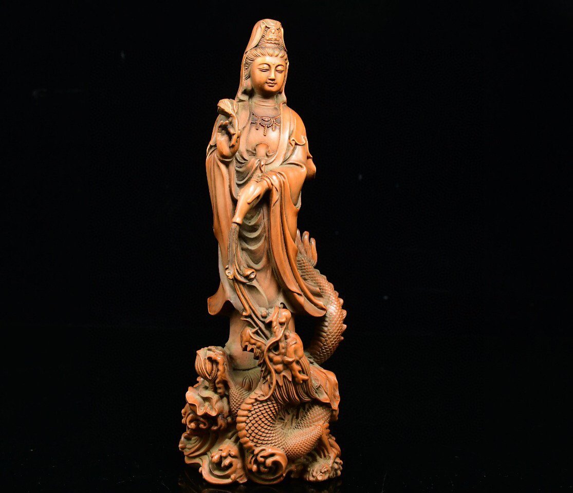 ◆古寳堂◆清 黄楊木製 細密彫 降龍觀音像 仏教古美術 供養品 極細工 古置物 古擺件 中国古美術 時代物 古董品