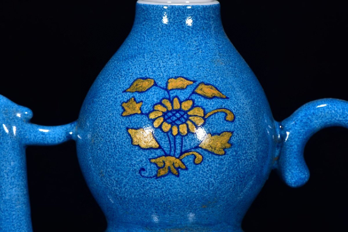 ◆古寳堂◆明 宣德年製款 孔雀藍 加彩 酒壺 古陶瓷品 極細工 古置物 古擺件 中国古美術 時代物 古董品_画像7