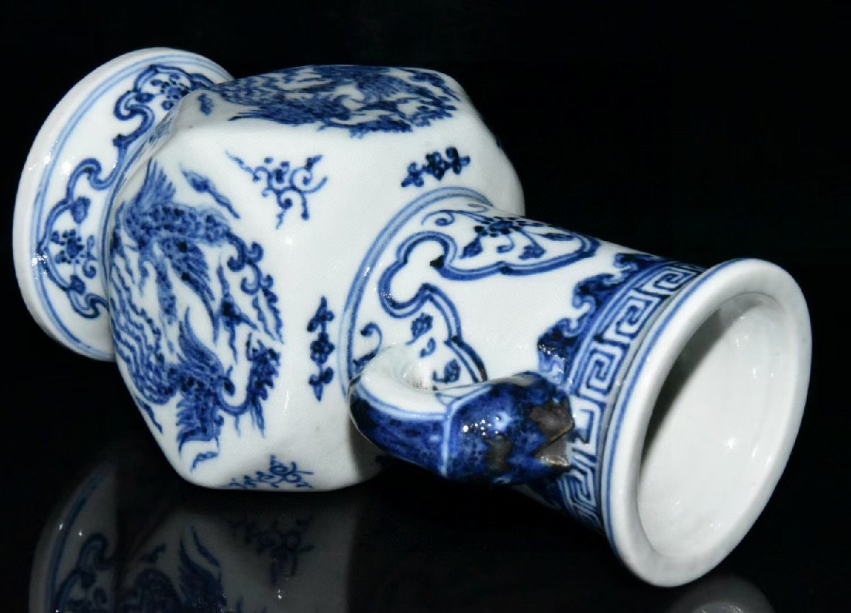 ◆古寳堂◆明 宣德年製款 青花 雙鳳紋 雙耳瓶 古陶瓷品 極細工 古置物 古擺件 中国古美術 時代物 古董品_画像7