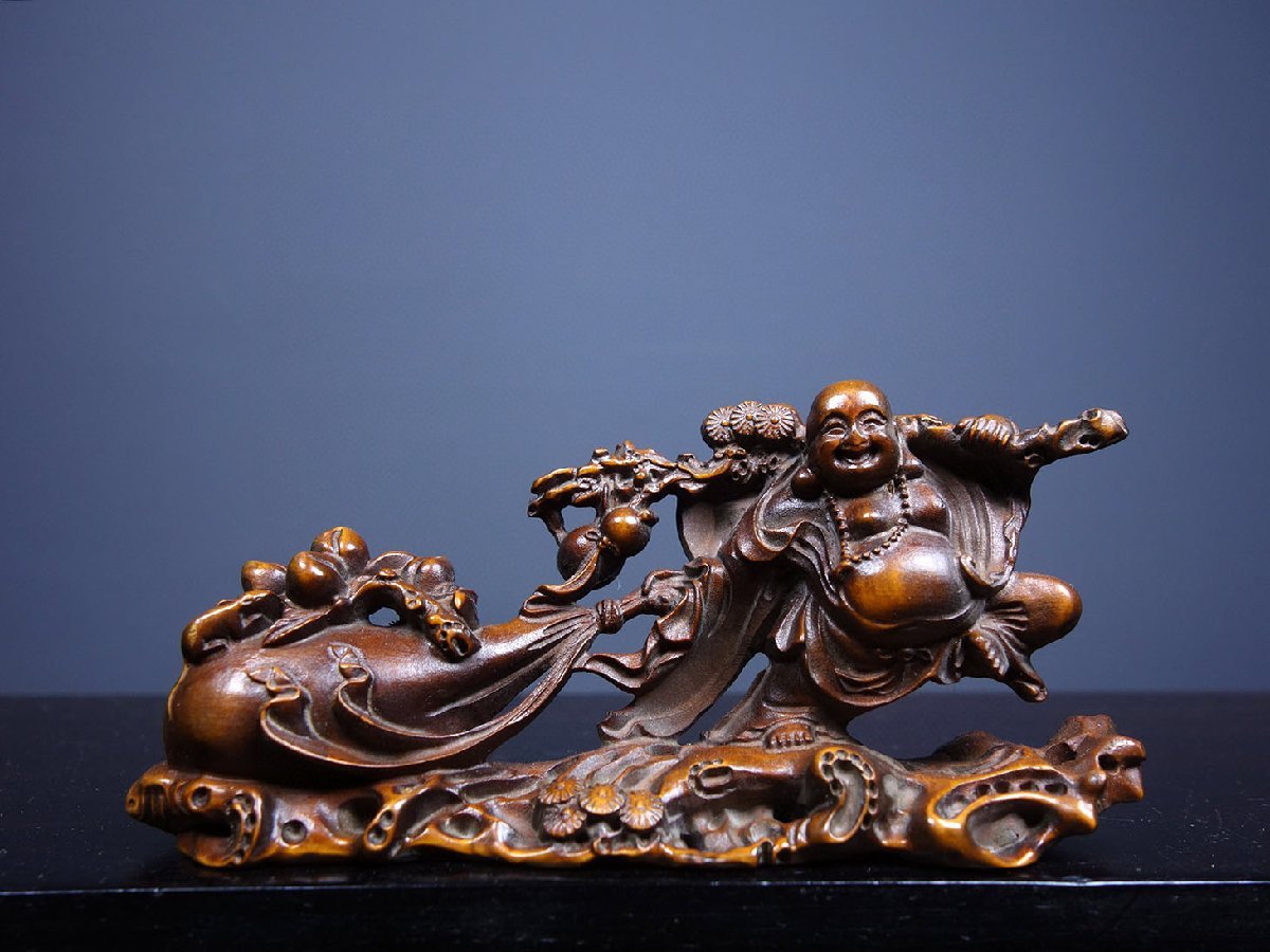 ◆古寳堂◆清 黄楊木製 細密彫 彌勒仏 置物 賞物 極細工 古置物 古擺件 中国古美術 時代物 古董品